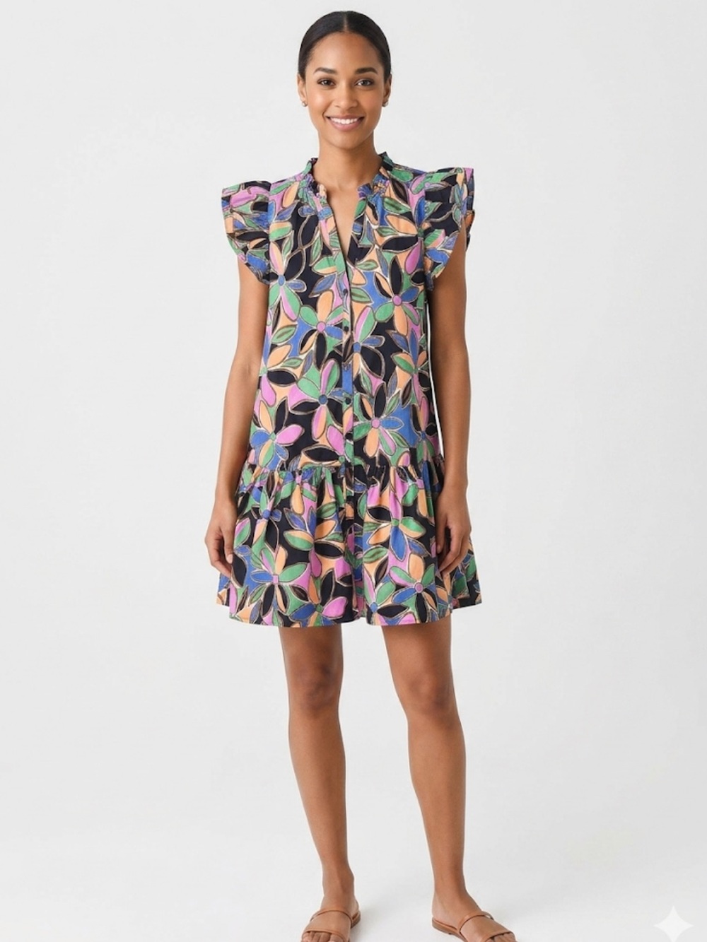 First Love Flutter Sleeve Floral Drop-Waist Dress in Multi-Color